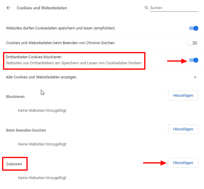 Cookies für nur eine Seite zulassen