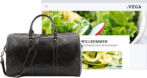 Reisetasche mit Website im Hintergrund