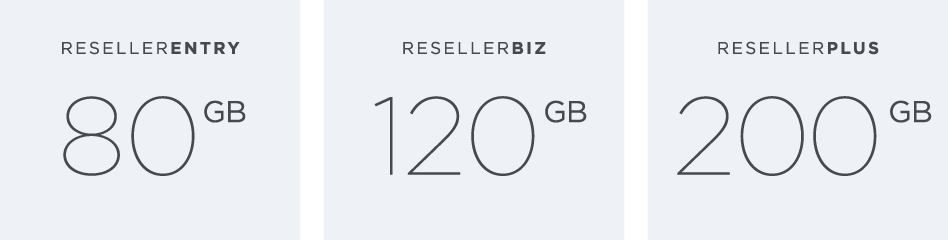 Inbegriffener Web-Speicherplatz: ResellerEntry: 80 GB, ResellerBiz: 120 GB, ResellerPlus: 200 GB