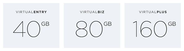Verfügbarer Festplattenspeicher: VirtualEntry: 40 GB, VirtualBiz: 80 GB, VirtualPlus: 160 GB