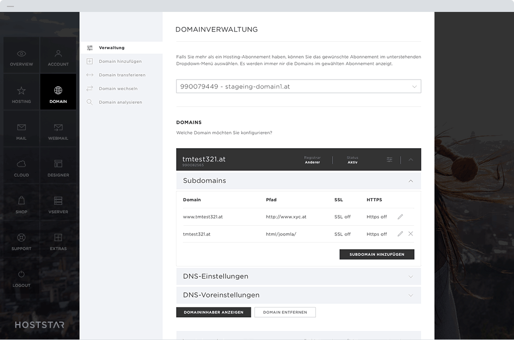 Übersichtliche Domainverwaltung im My Panel von Hoststar. Domain-Manager zur Verwaltung von Domains in der Desktop-Ansicht.