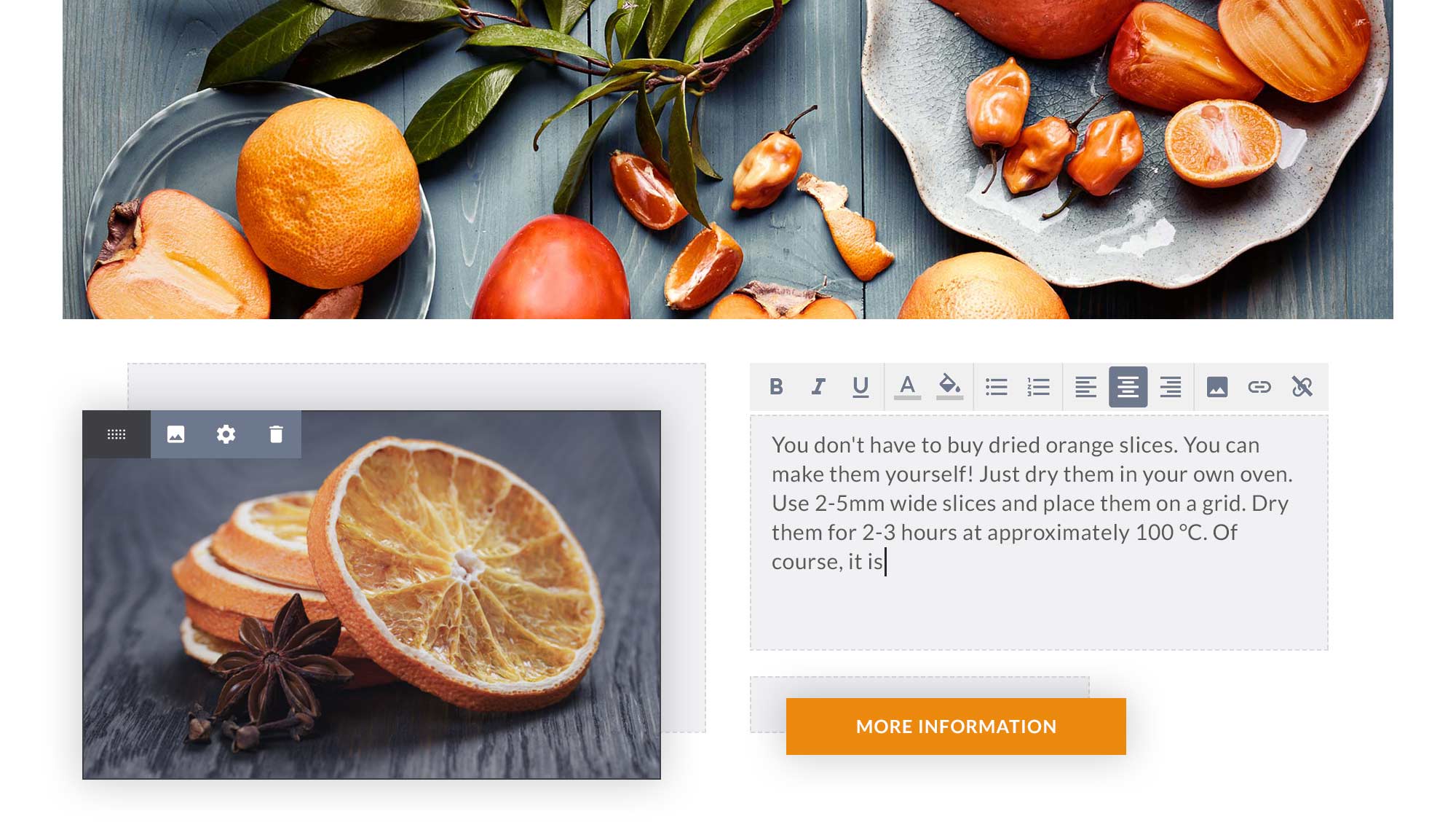 Editing of images, texts and buttons in the Designer website builder.