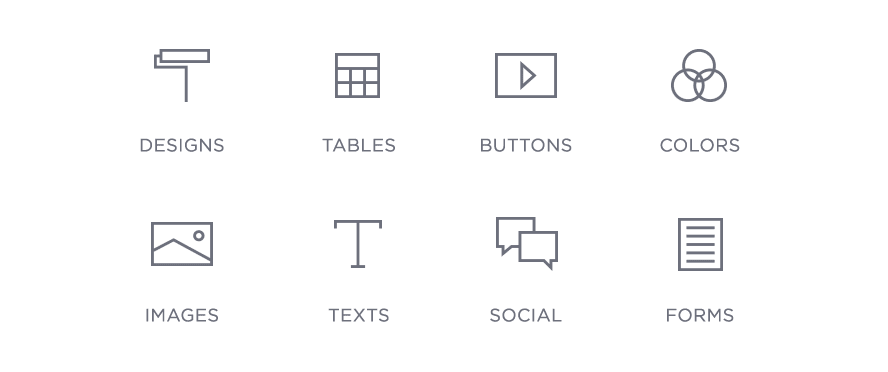 Icons of functions for designing a website using the Designer website builder: Designs, Tables, Buttons, Colors, Images, Texts, Social Media, Forms.