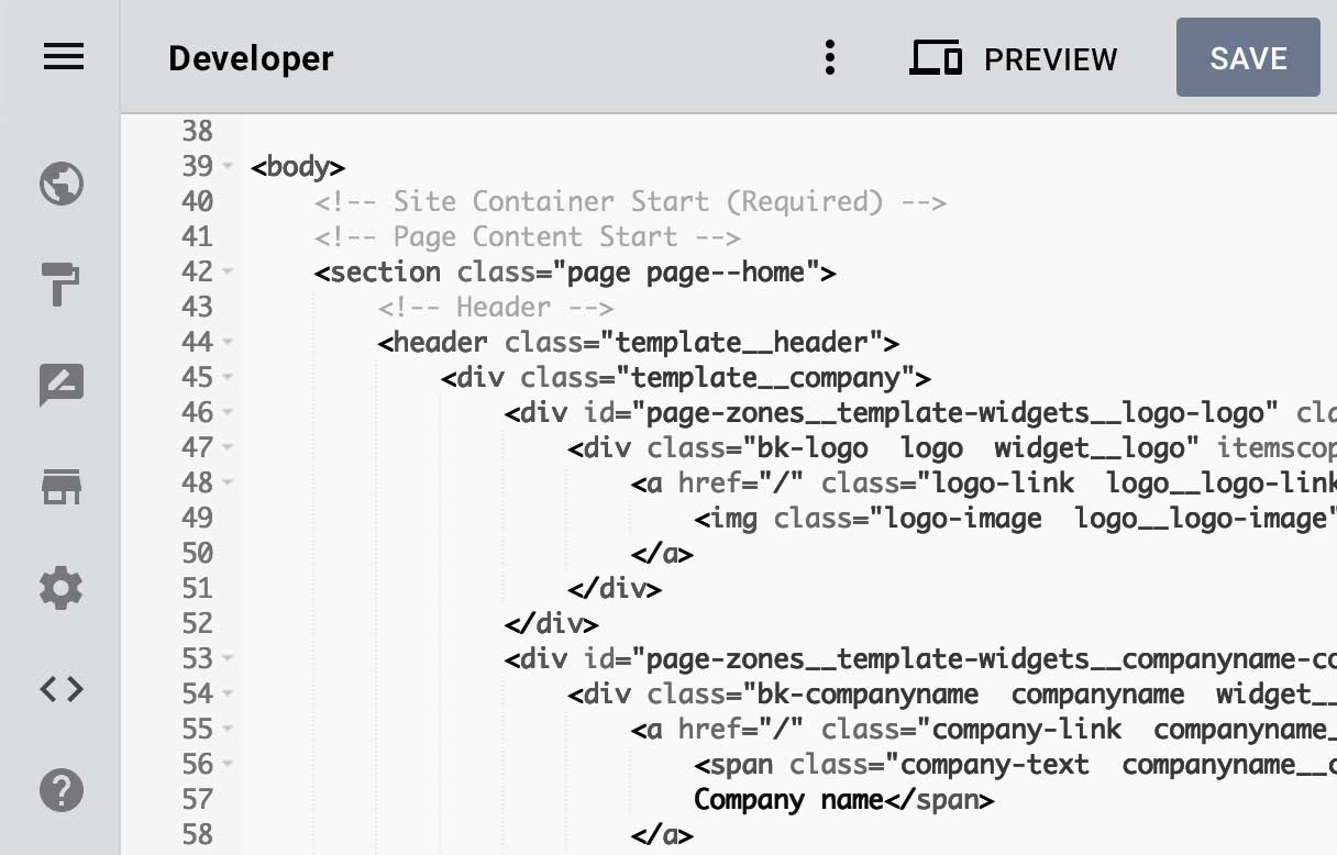 Developer mode in the Designer website builder, HTML lines can be seen on it.