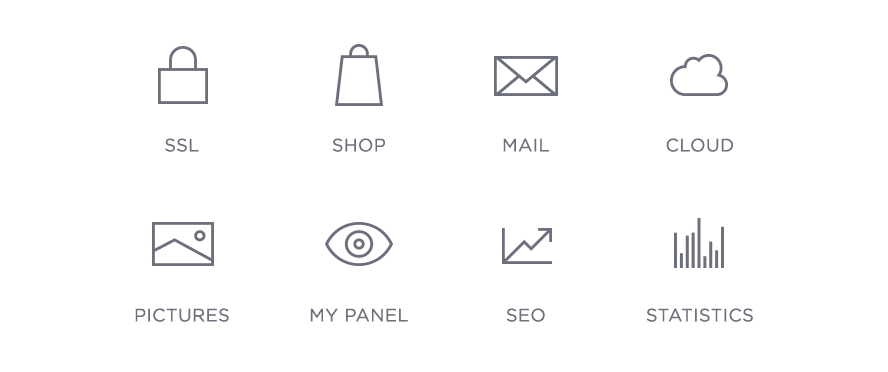 Icons of additional services with a Designer website builder package: SSL, Shop, Mail, Cloud, Pictures, My Panel, SEO, Statistics.